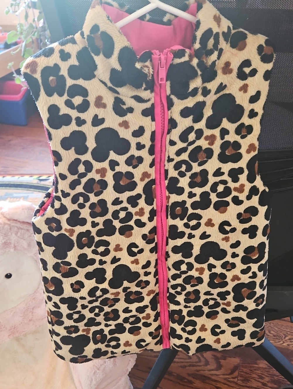 Disney Mickey Leopard Pink Kids Vest Jacket with Hot Pink Lining Size 10 11
